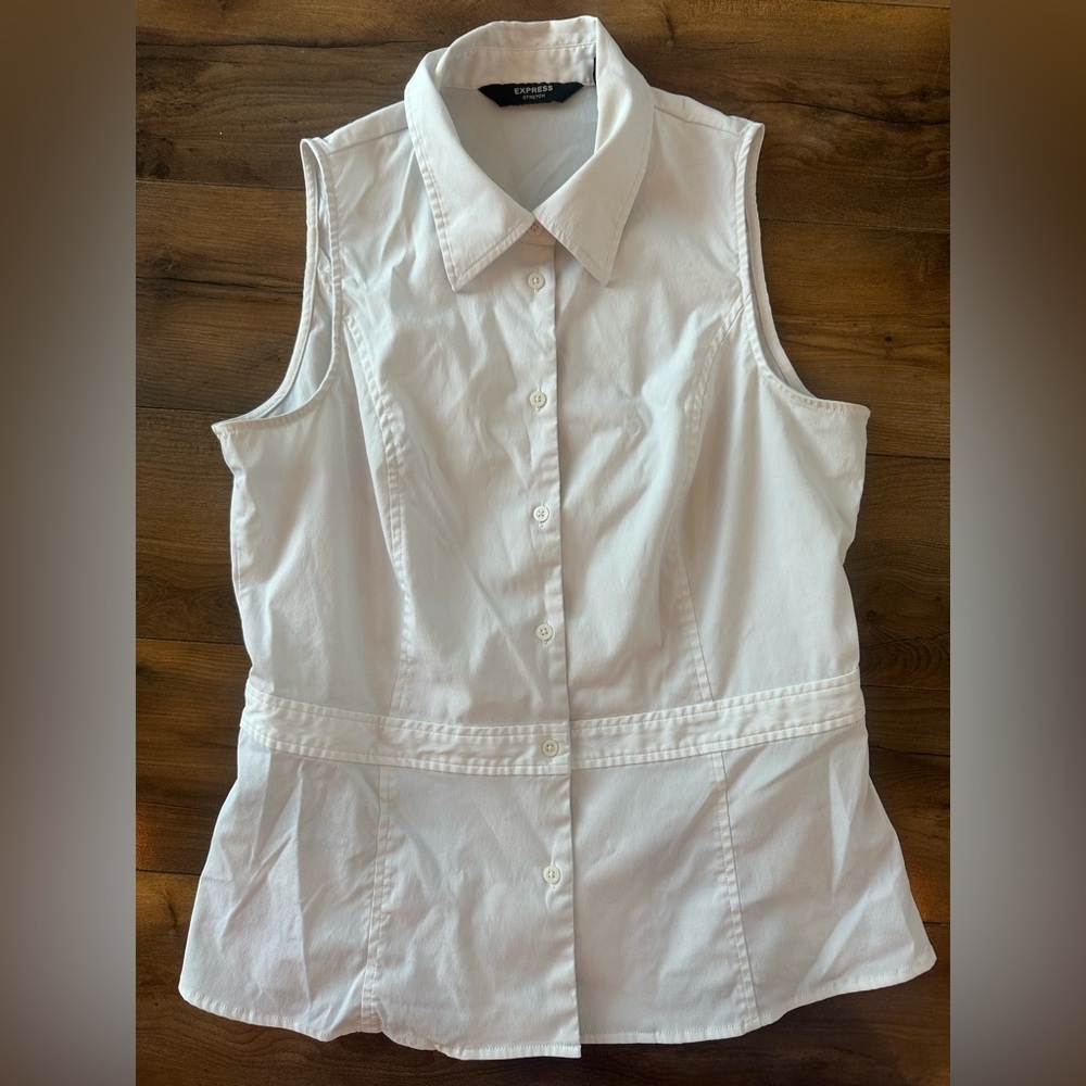 Express Stretch White Sleeveless Button Down Blouse Career Work Top 13/14 - Picture 1 of 6